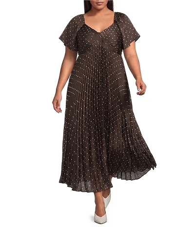 Skies Are Blue Plus Size Polka Dot V-Neck Short Sleeve Pleated Empire Waist Maxi Dress