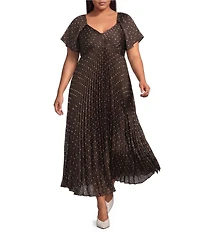 Skies Are Blue Plus Size Polka Dot V-Neck Short Sleeve Pleated Empire Waist Maxi Dress