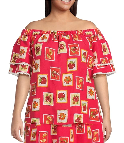 Skies Are Blue Plus Size Postcard Print Off-The-Shoulder Coordinating Blouse