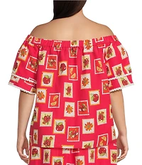 Skies Are Blue Plus Size Postcard Print Off-The-Shoulder Coordinating Blouse