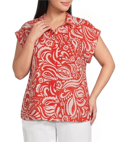 Skies Are Blue Plus Size Printed Collared V-Neck Cap Sleeve Coordinating Button Front Top