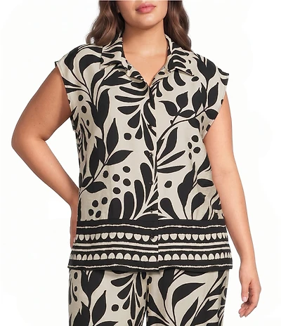 Skies Are Blue Plus Size Printed Collared V-Neck Cap Sleeve Coordinating Button Front Top