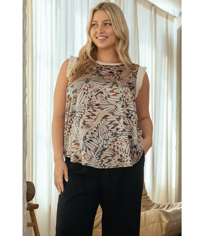 Skies Are Blue Plus Size Printed Flutter Sleeve Satin Top