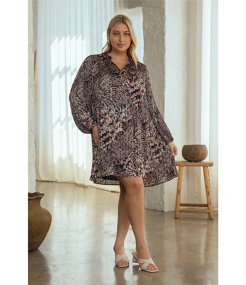 Skies Are Blue Plus Size Printed Long Sleeve Shift Mini Dress