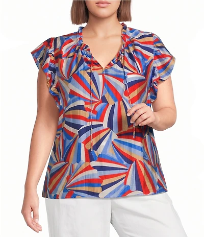 Skies Are Blue Plus Size Printed Ruffled Round Neck Front Tie Cap Sleeve Top