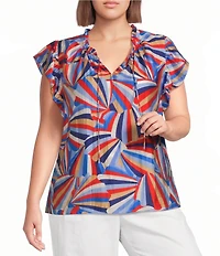 Skies Are Blue Plus Size Printed Ruffled Round Neck Front Tie Cap Sleeve Top