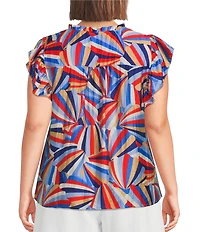Skies Are Blue Plus Size Printed Ruffled Round Neck Front Tie Cap Sleeve Top