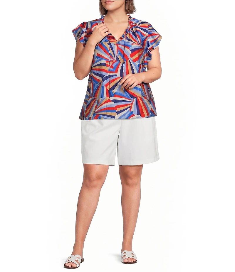 Skies Are Blue Plus Size Printed Ruffled Round Neck Front Tie Cap Sleeve Top