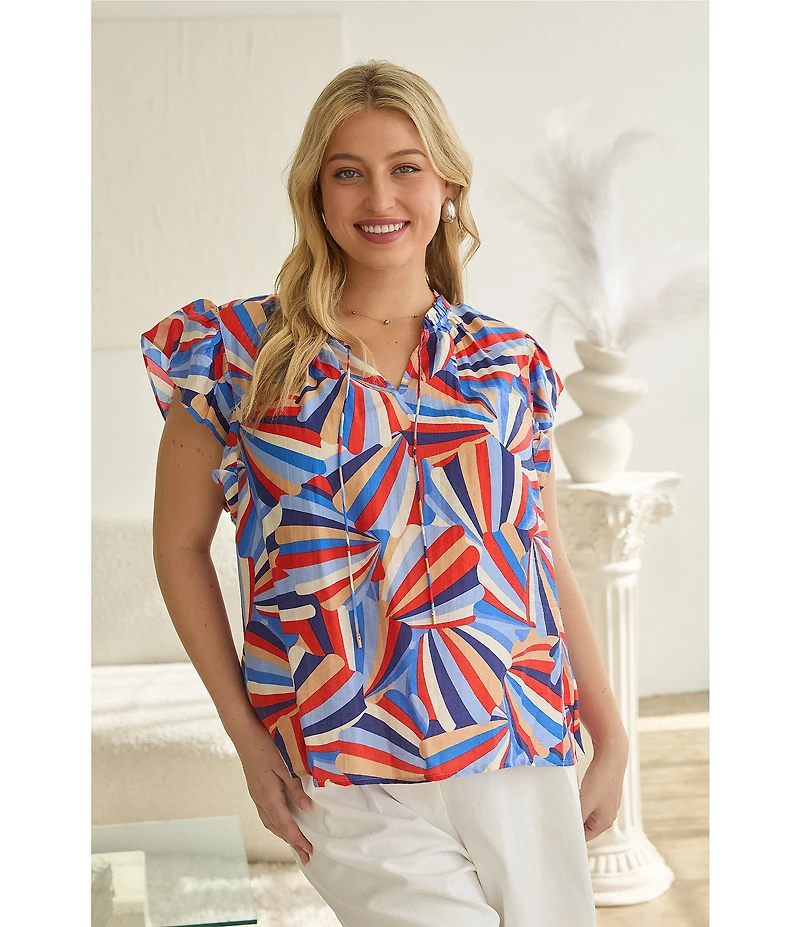 Skies Are Blue Plus Size Printed Ruffled Round Neck Front Tie Cap Sleeve Top