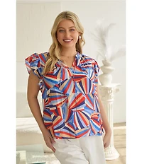Skies Are Blue Plus Size Printed Ruffled Round Neck Front Tie Cap Sleeve Top