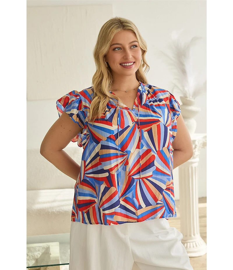 Skies Are Blue Plus Size Printed Ruffled Round Neck Front Tie Cap Sleeve Top