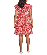 Skies Are Blue Plus Size Printed Split V-Neck Ruffle Sleeve Tiered Mini Dress
