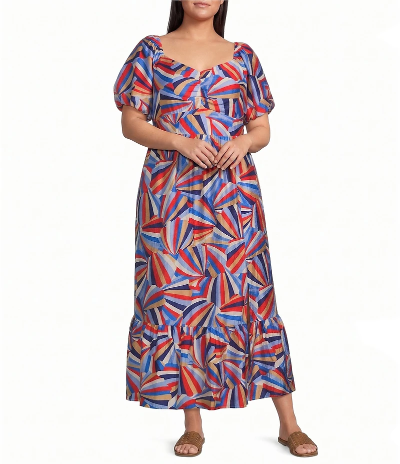 Skies Are Blue Plus Size Printed Sweetheart Neck Short Bubble Sleeve Tiered Maxi Dress