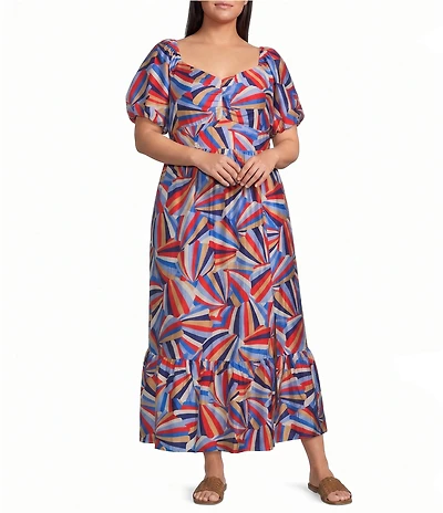 Skies Are Blue Plus Size Printed Sweetheart Neck Short Bubble Sleeve Tiered Maxi Dress