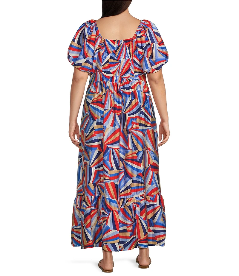 Skies Are Blue Plus Size Printed Sweetheart Neck Short Bubble Sleeve Tiered Maxi Dress