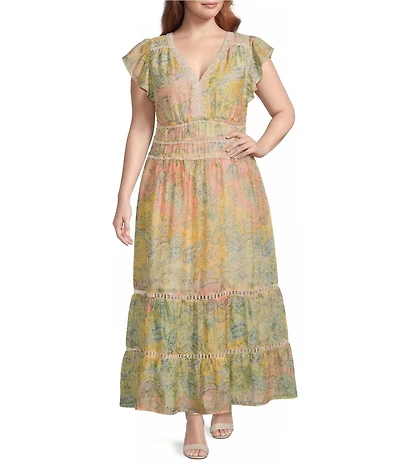 Skies Are Blue Plus Size Printed V-Neck Flutter Sleeve A-Line Maxi Dress