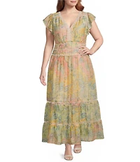Skies Are Blue Plus Size Printed V-Neck Flutter Sleeve A-Line Maxi Dress