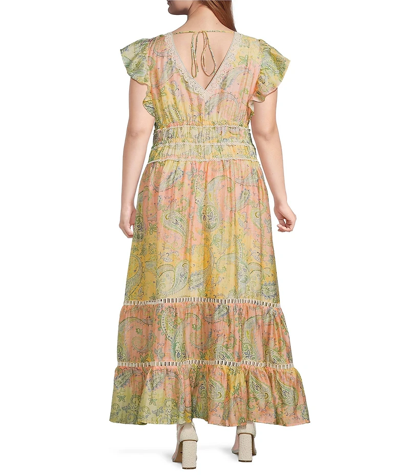 Skies Are Blue Plus Size Printed V-Neck Flutter Sleeve A-Line Maxi Dress