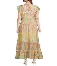 Skies Are Blue Plus Size Printed V-Neck Flutter Sleeve A-Line Maxi Dress