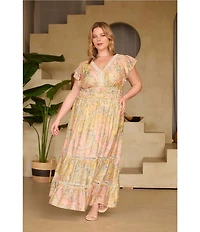 Skies Are Blue Plus Size Printed V-Neck Flutter Sleeve A-Line Maxi Dress