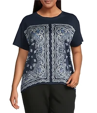 Skies Are Blue Plus Size Scarf Print Crew Neck Short Sleeve Mixed Media Top