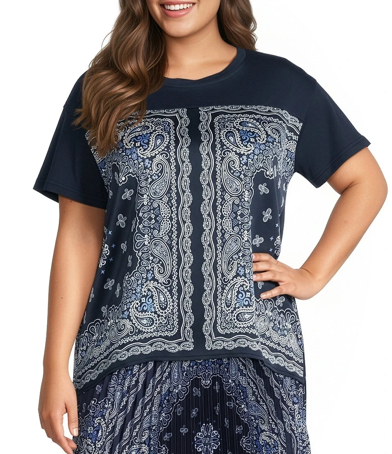 Skies Are Blue Plus Size Scarf Print Crew Neck Short Sleeve Mixed Media Top