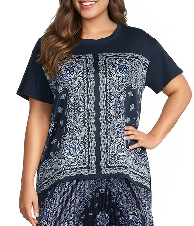 Skies Are Blue Plus Size Scarf Print Crew Neck Short Sleeve Mixed Media Top