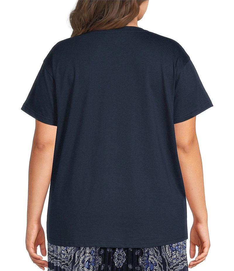 Skies Are Blue Plus Size Scarf Print Crew Neck Short Sleeve Mixed Media Top