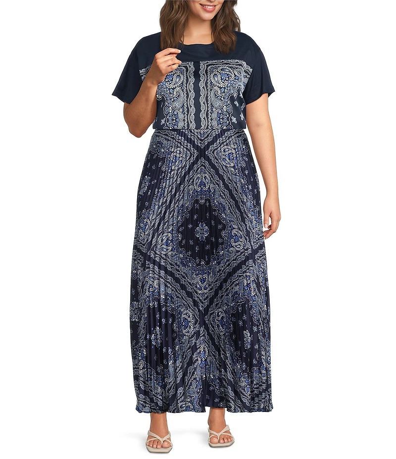 Skies Are Blue Plus Size Scarf Print Crew Neck Short Sleeve Mixed Media Top