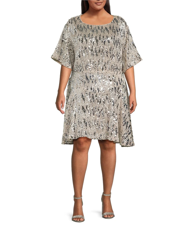 Skies Are Blue Plus Size Sequin Round Neck Short Sleeve Dress