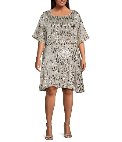 Skies Are Blue Plus Size Sequin Round Neck Short Sleeve Dress