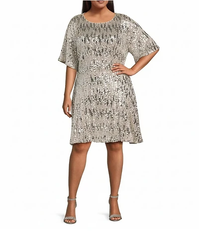 Skies Are Blue Plus Size Sequin Round Neck Short Sleeve Dress