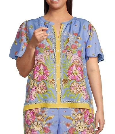 Skies Are Blue Plus Size Coordinating Short Sleeve Floral Border Blouse