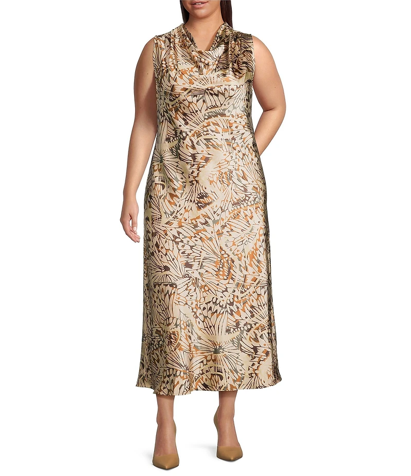 Skies Are Blue Plus Size Sleeveless Butterfly Printed Midi Satin Dress