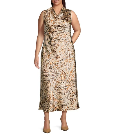 Skies Are Blue Plus Size Sleeveless Butterfly Printed Midi Satin Dress