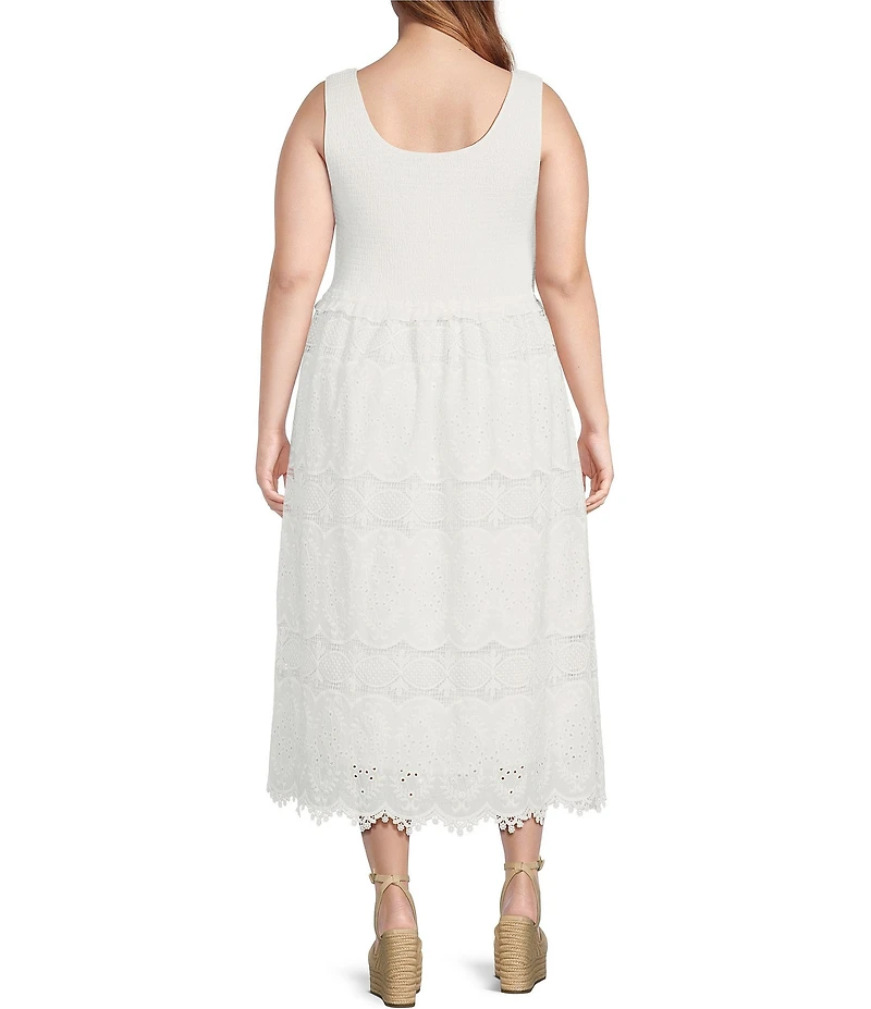 Skies Are Blue Plus Size Smocked Top Broderie Anglaise Midi Dress