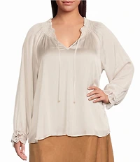 Skies Are Blue Plus Size Split V-Neck Long Sleeve Lace Trim Blouse