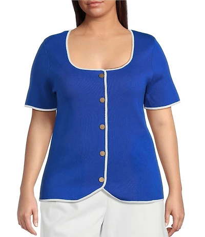 Skies Are Blue Plus Size Square Neck Short Sleeve Button Front Top