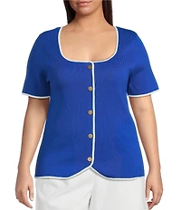 Skies Are Blue Plus Size Square Neck Short Sleeve Button Front Top