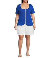 Skies Are Blue Plus Size Square Neck Short Sleeve Button Front Top