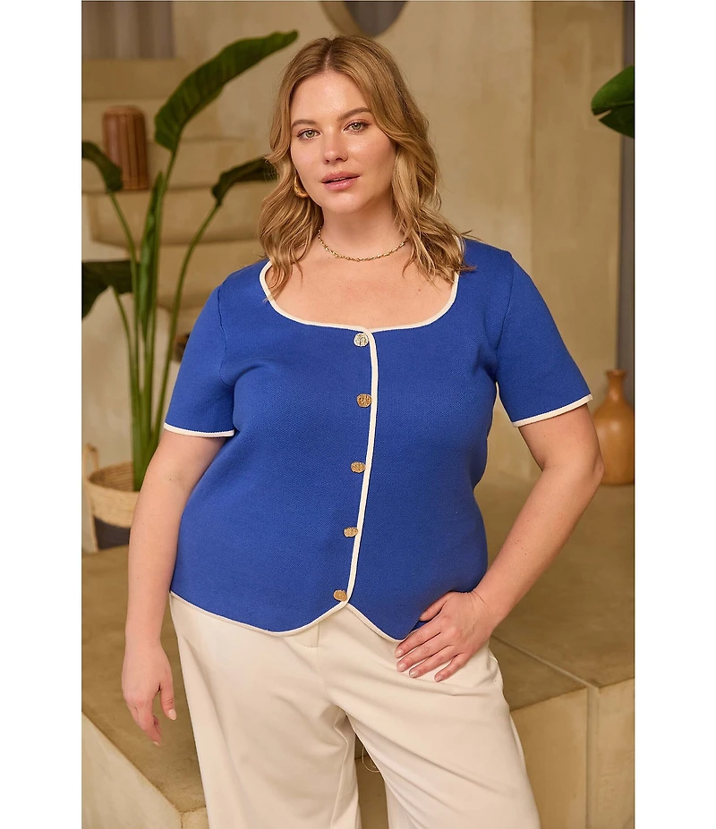 Skies Are Blue Plus Size Square Neck Short Sleeve Button Front Top