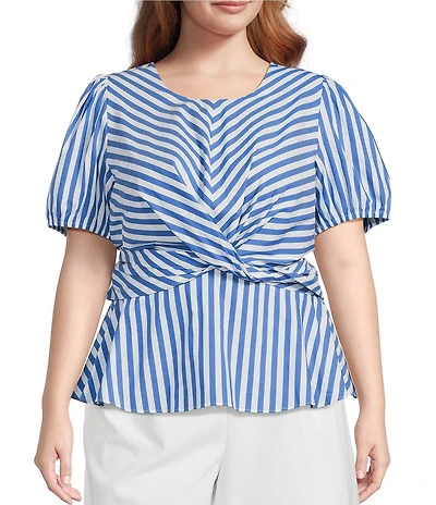Skies Are Blue Plus Size Stripe Print Crew Neck Short Sleeve Peplum Hem Poplin Top