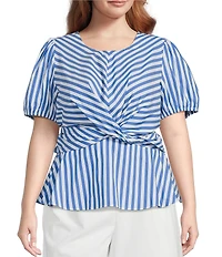 Skies Are Blue Plus Size Stripe Print Crew Neck Short Sleeve Peplum Hem Poplin Top