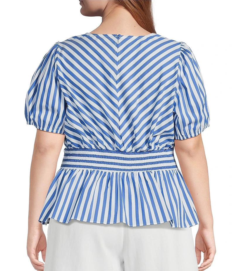 Skies Are Blue Plus Size Stripe Print Crew Neck Short Sleeve Peplum Hem Poplin Top