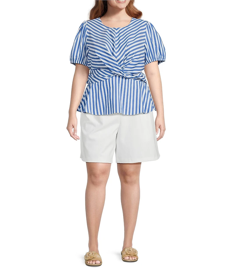Skies Are Blue Plus Size Stripe Print Crew Neck Short Sleeve Peplum Hem Poplin Top