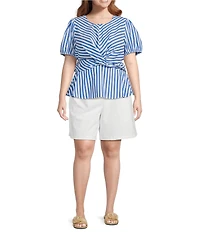 Skies Are Blue Plus Size Stripe Print Crew Neck Short Sleeve Peplum Hem Poplin Top