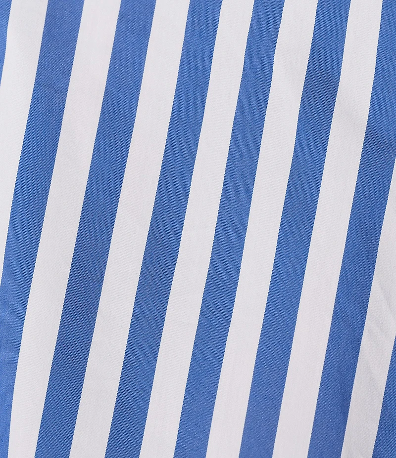 Skies Are Blue Plus Size Stripe Print Crew Neck Short Sleeve Peplum Hem Poplin Top