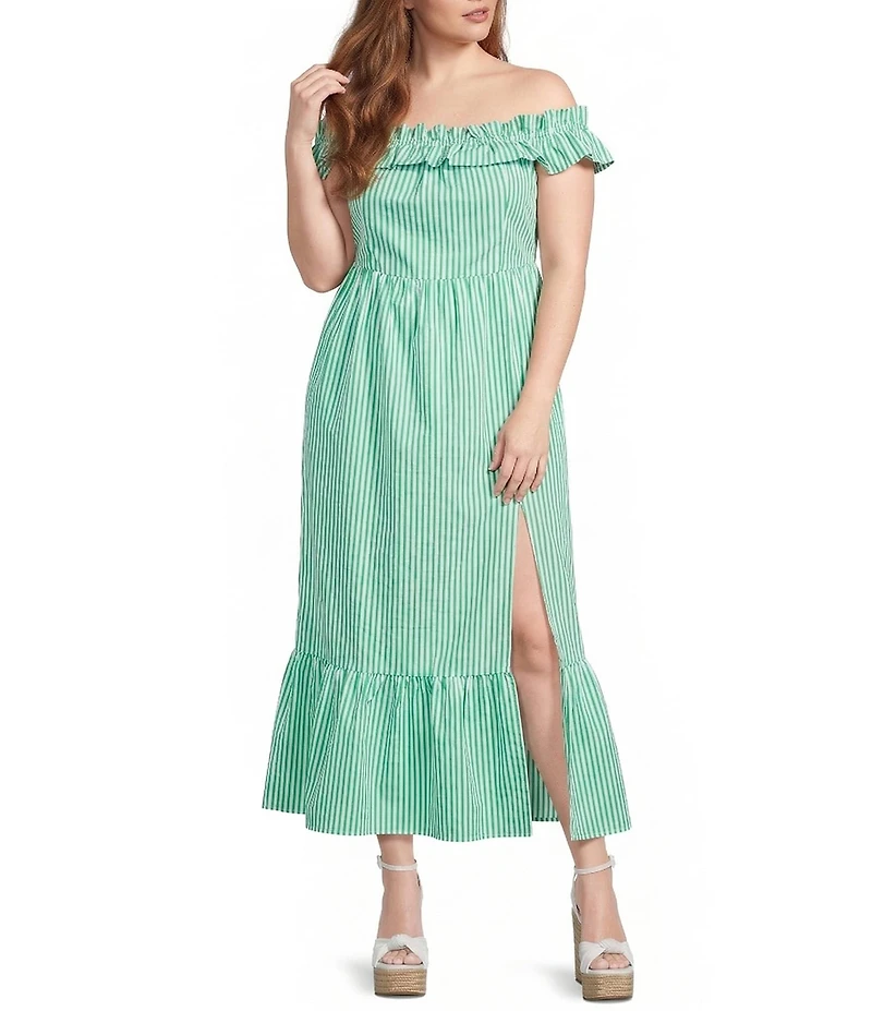 Skies Are Blue Plus Size Stripe Print Off-the-Shoulder Ruffle A-Line Maxi Dress