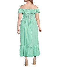 Skies Are Blue Plus Size Stripe Print Off-the-Shoulder Ruffle A-Line Maxi Dress