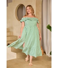 Skies Are Blue Plus Size Stripe Print Off-the-Shoulder Ruffle A-Line Maxi Dress